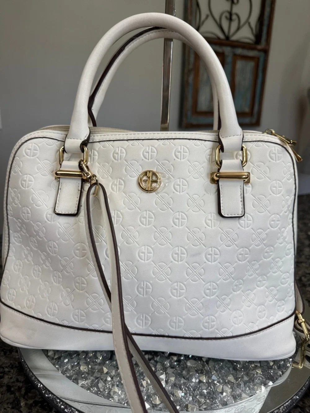 Giani Bernini White Embossed Dome Satchel with Gold Hardware